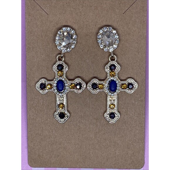 Cato Cross Statement Earrings Nickel-Free Gold-Tone Blue & Yellow Rhinestones - Picture 1 of 7